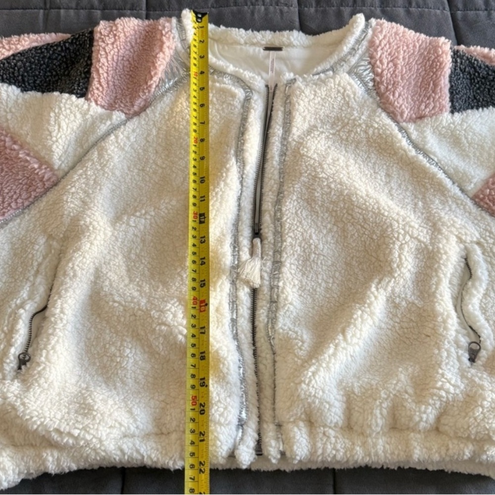 Free People Cream Sherpa Zip Up With Pink Geometric Patterned Shoulders - Picture 6 of 11